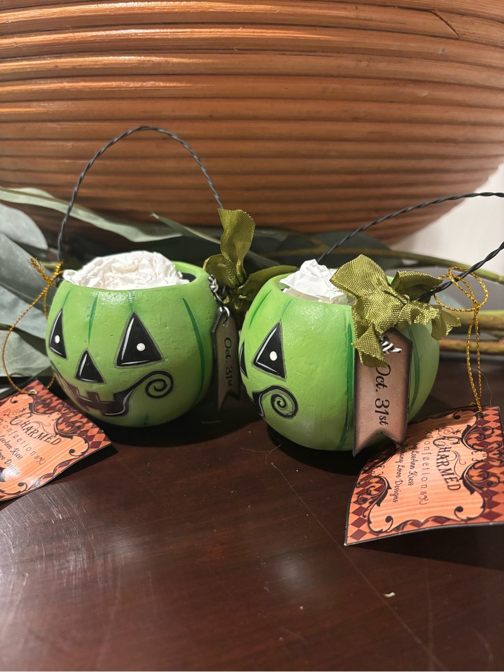 2 Bethany Lowe Small Green Pumpkin Jack O Lantern Bucket Halloween LeeAnn Kress